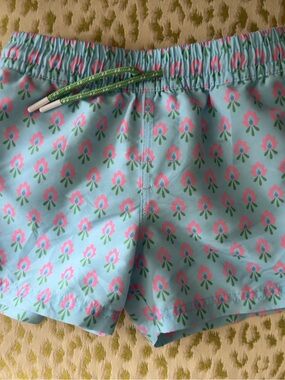 The Beaufort Bonnet Company Aqua Swim Trunks with Pink Floral Print